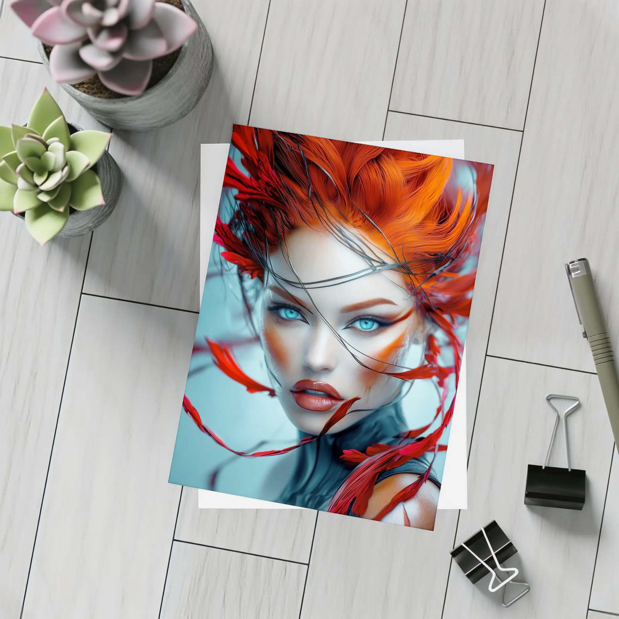 Red Feather Woman Portrait Blue Background – Postcards