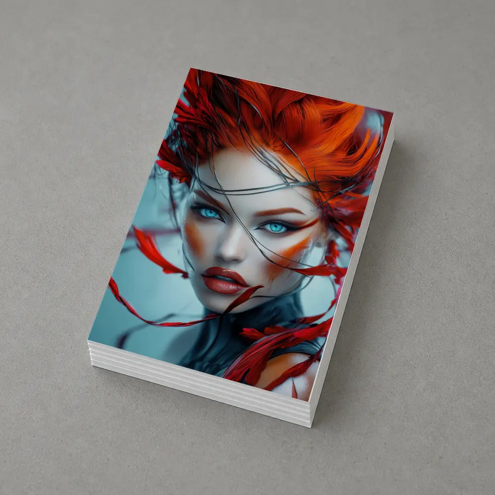 Red Feather Woman Portrait Blue Background – Postcards