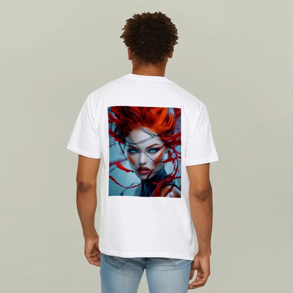 Red Feather Woman Portrait Blue Background – T-Shirts
