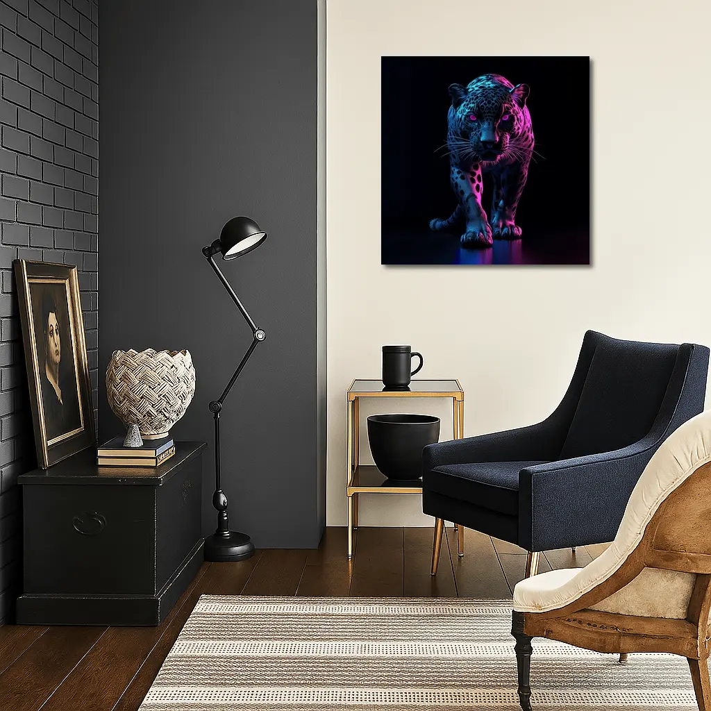 Neon Jaguar Walking Against Dark Background – Wall Art