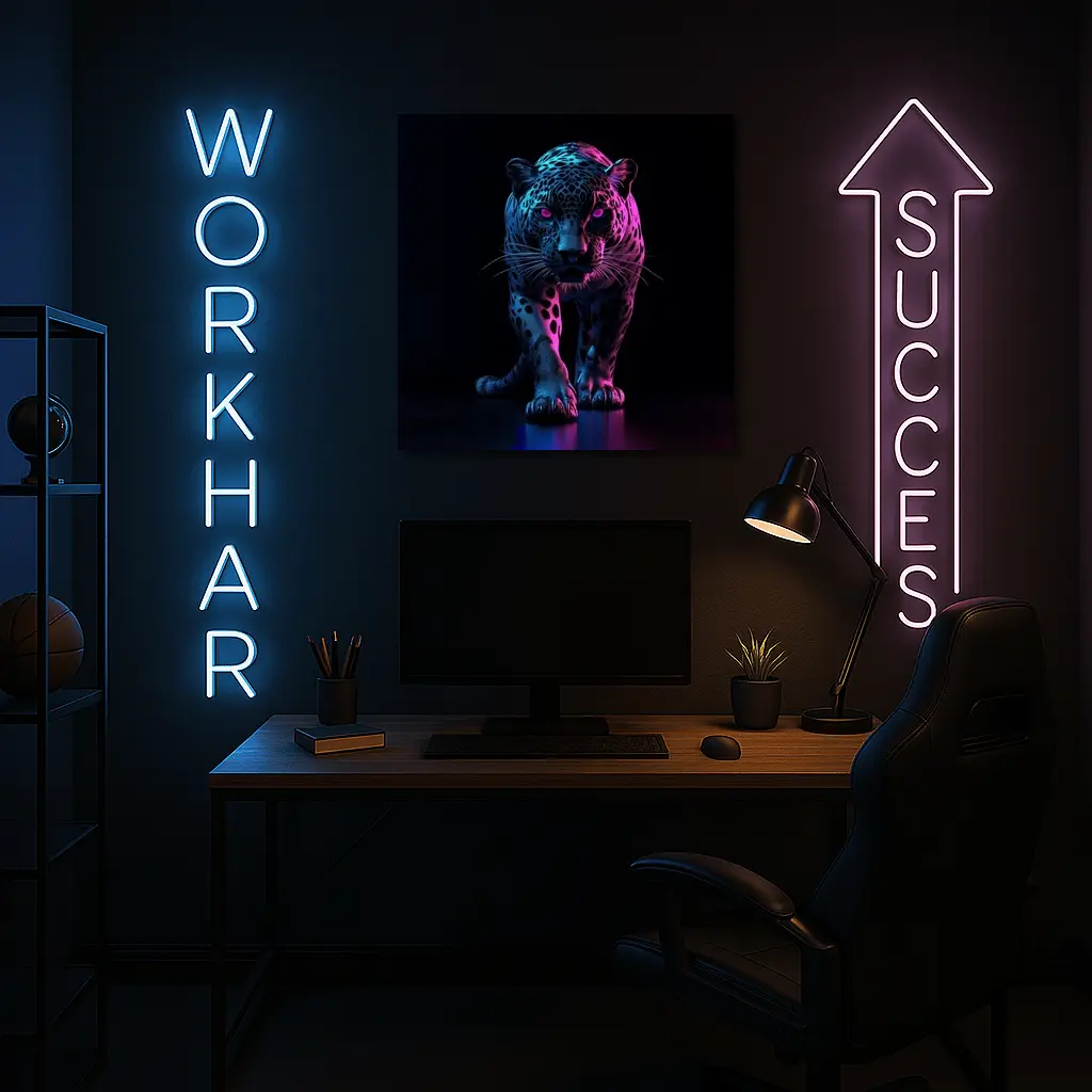 Neon Jaguar Walking Against Dark Background – Wall Art