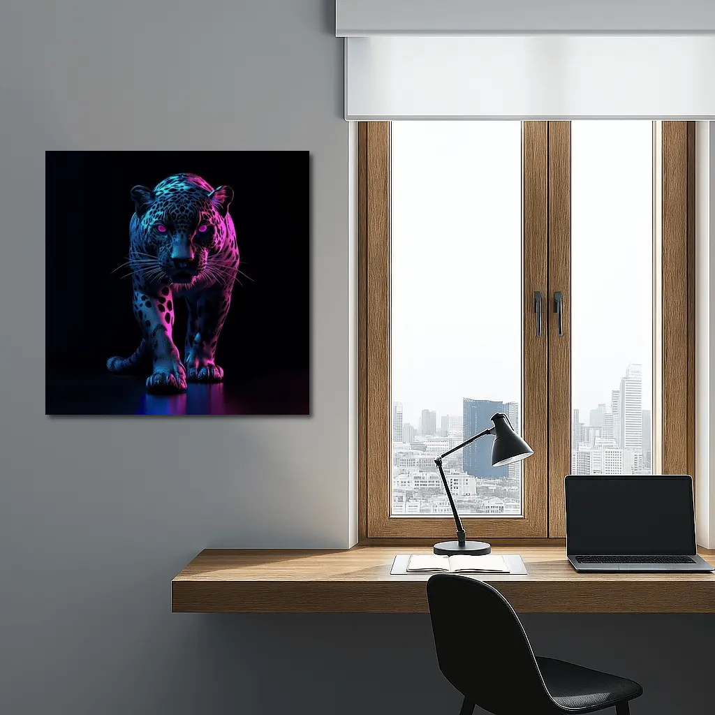 Neon Jaguar Walking Against Dark Background – Wall Art
