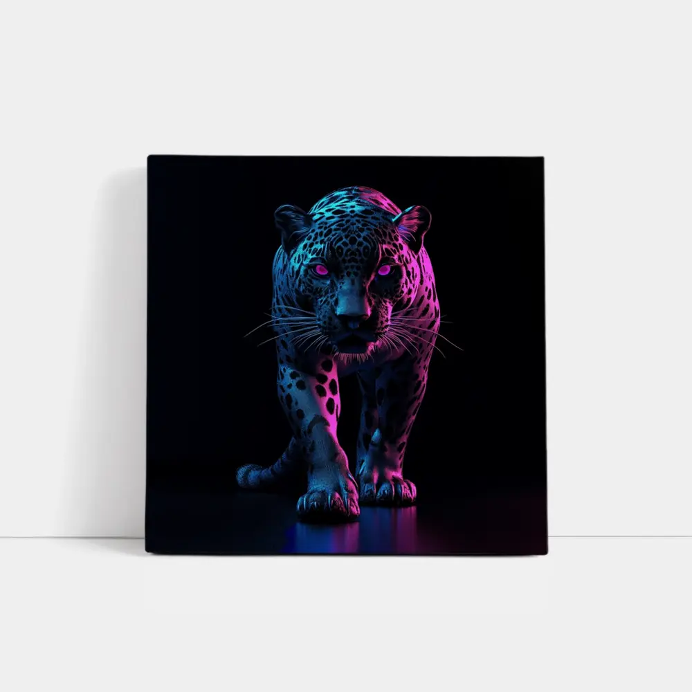 Neon Jaguar Walking Against Dark Background – Wall Art
