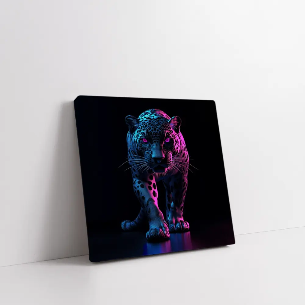 Neon Jaguar Walking Against Dark Background – Wall Art