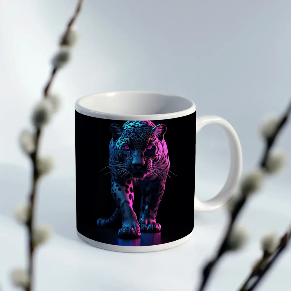 Neon Jaguar Walking Against Dark Background – Mugs