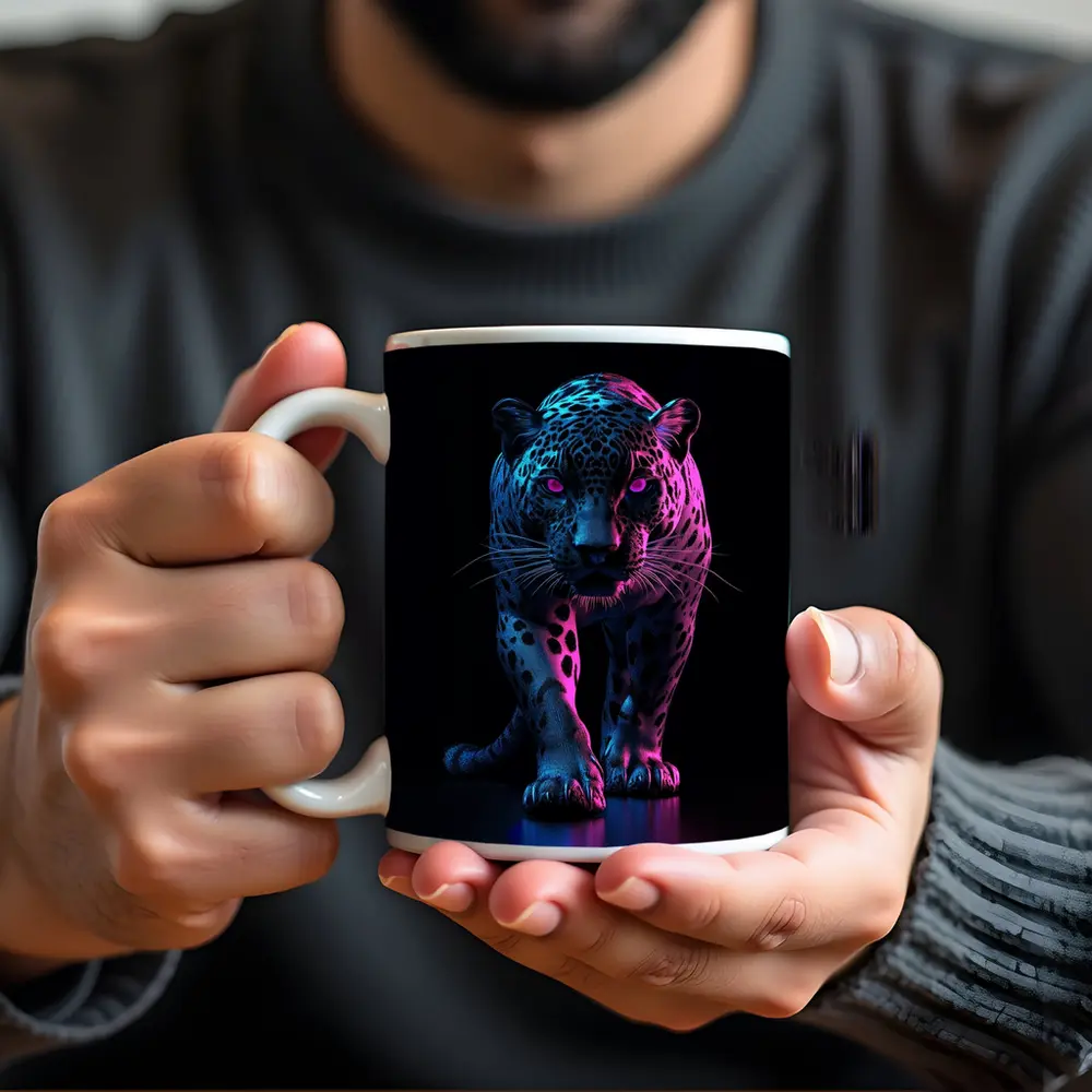 Neon Jaguar Walking Against Dark Background – Mugs