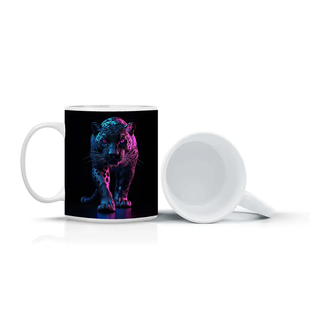Neon Jaguar Walking Against Dark Background – Mugs