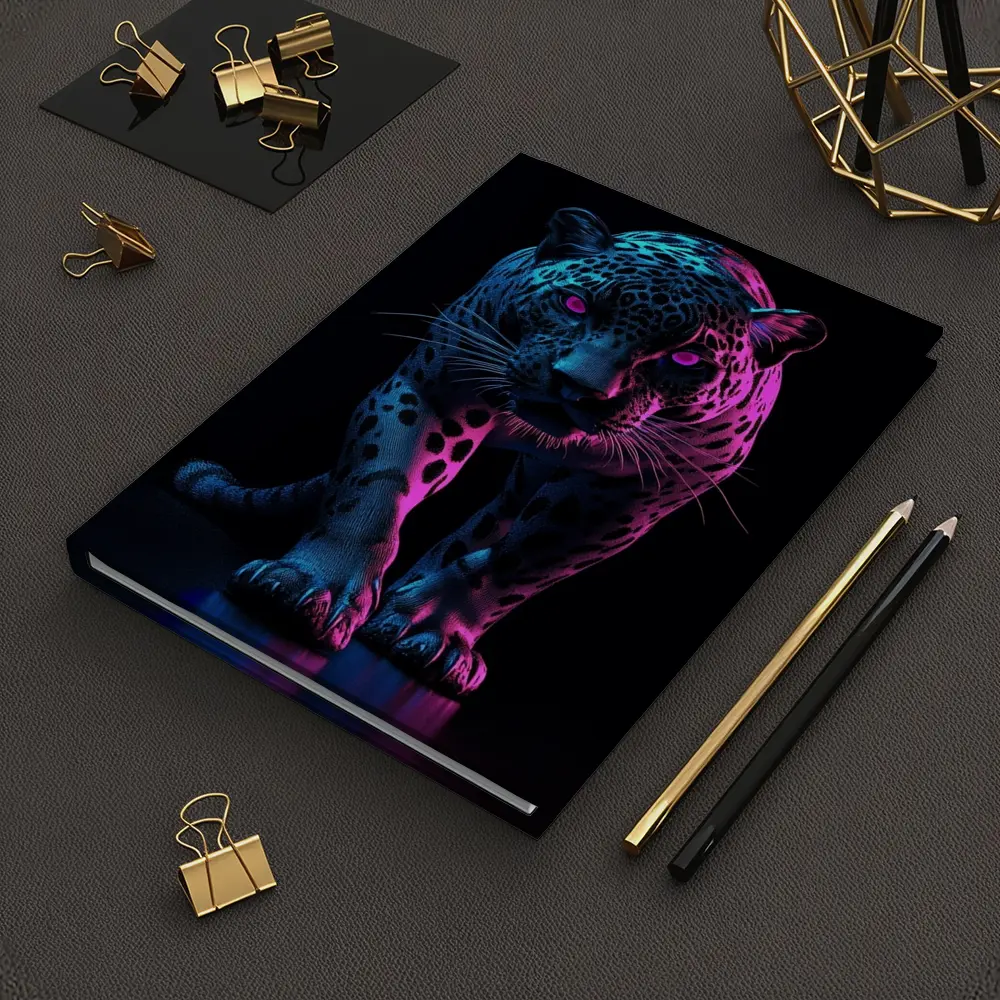 Neon Jaguar Walking Against Dark Background – Notebooks