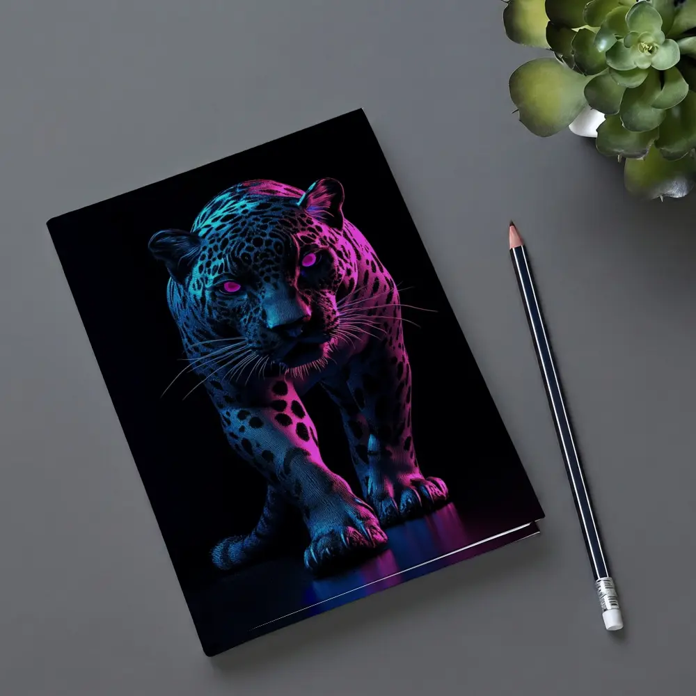 Neon Jaguar Walking Against Dark Background – Notebooks