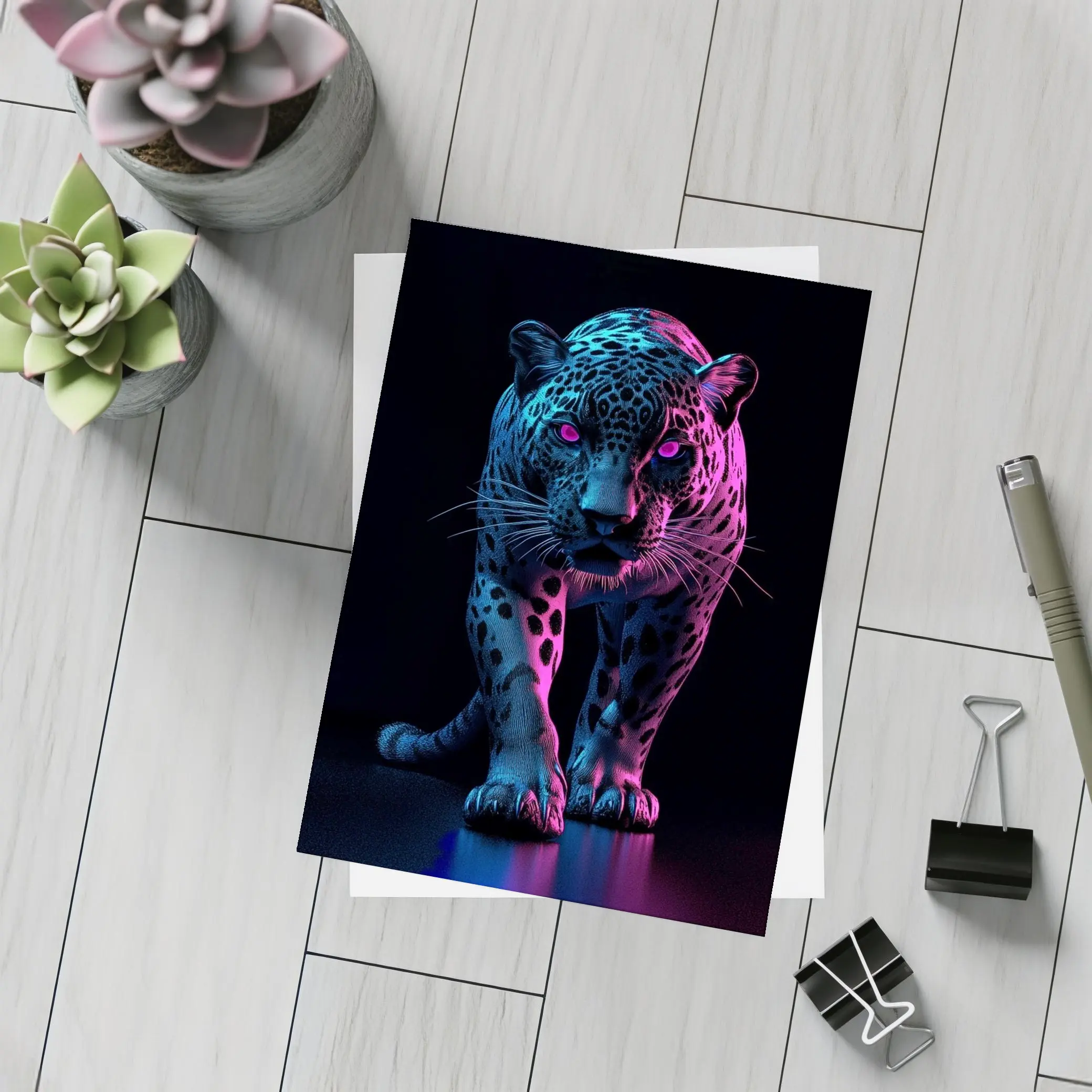 Neon Jaguar Walking Against Dark Background – Postcards