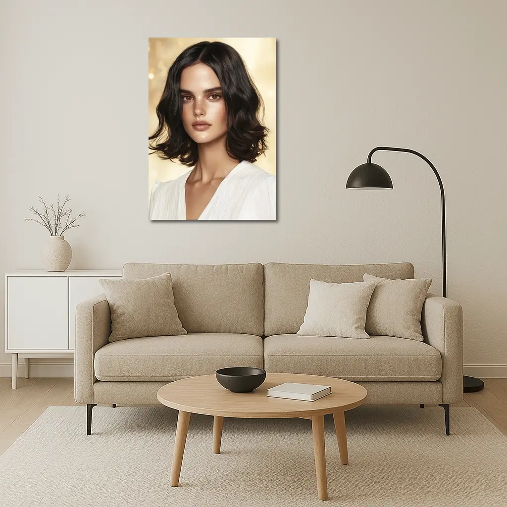 Dark Haired Woman Portrait Gold Background – Wall Art