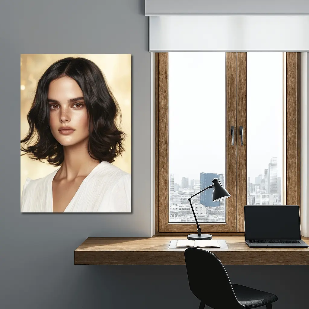 Dark Haired Woman Portrait Gold Background – Wall Art