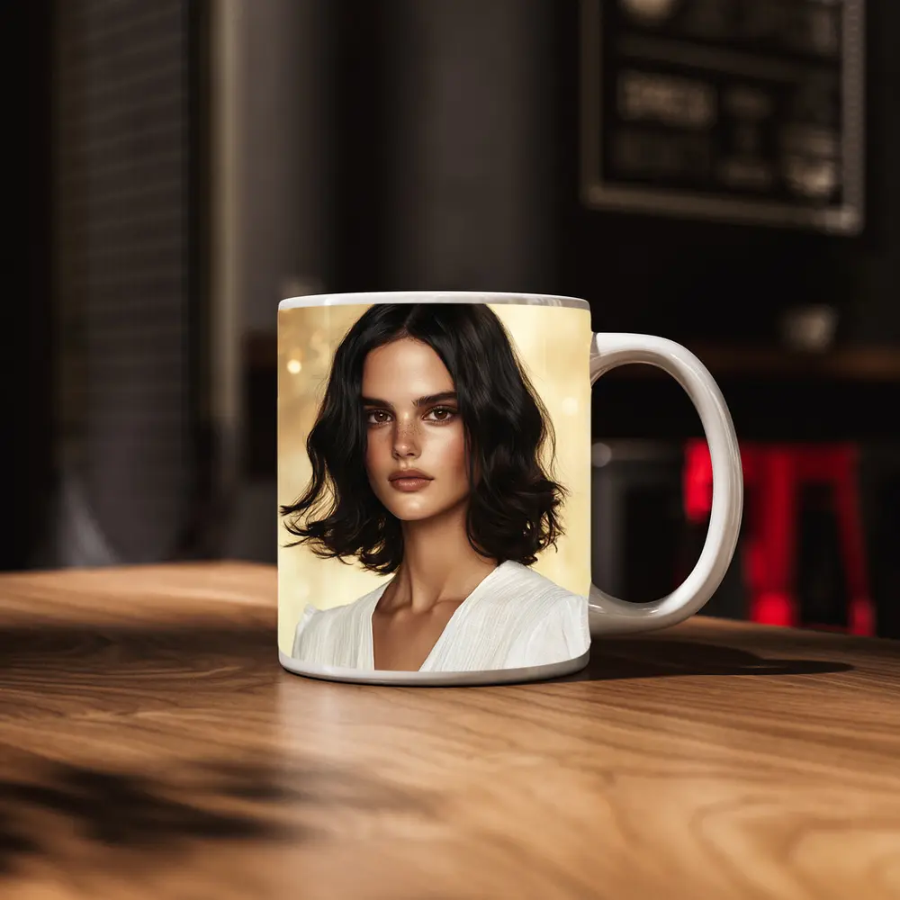 Dark Haired Woman Portrait Gold Background – Mugs