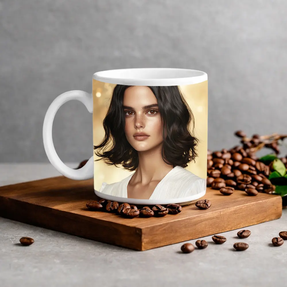 Dark Haired Woman Portrait Gold Background – Mugs