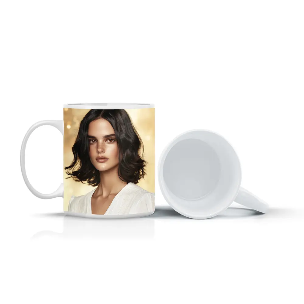 Dark Haired Woman Portrait Gold Background – Mugs