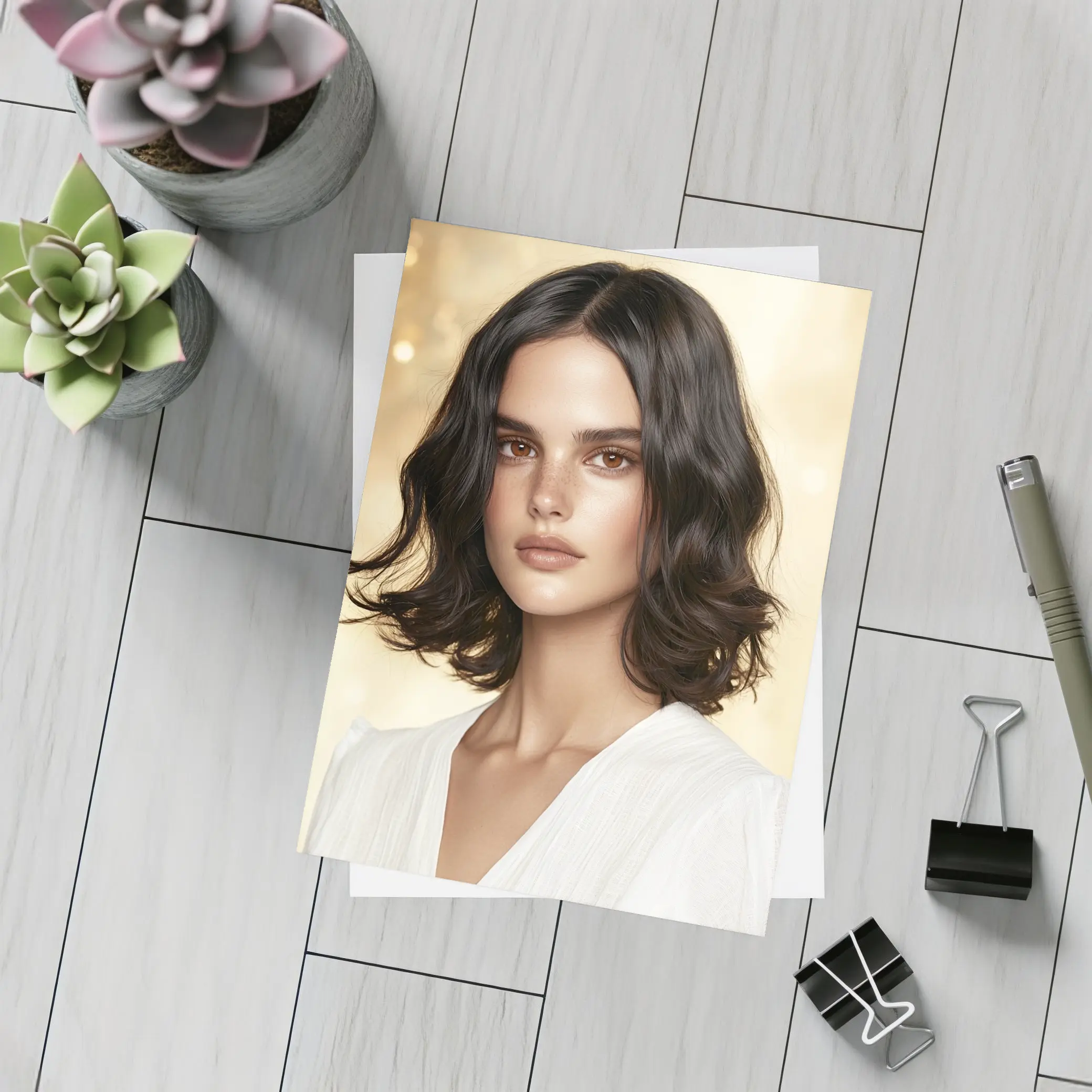 Dark Haired Woman Portrait Gold Background – Postcards