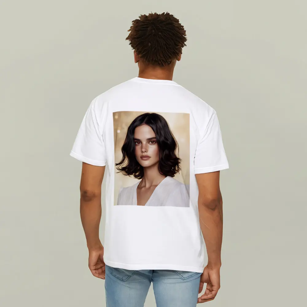 Dark Haired Woman Portrait Gold Background – T-Shirts