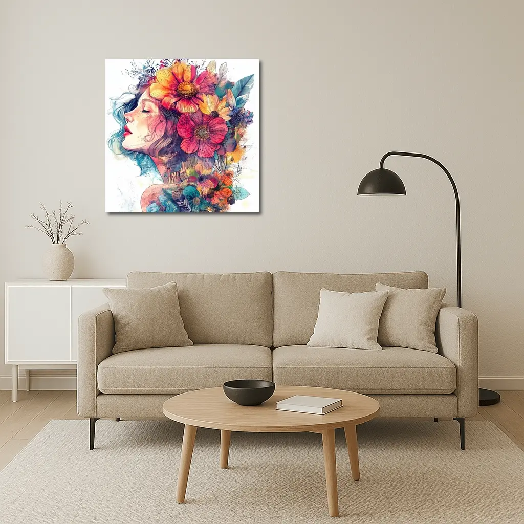 Woman Portrait Floral Crown Watercolor Art – Wall Art