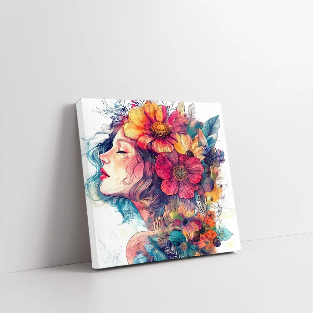 Woman Portrait Floral Crown Watercolor Art – Wall Art