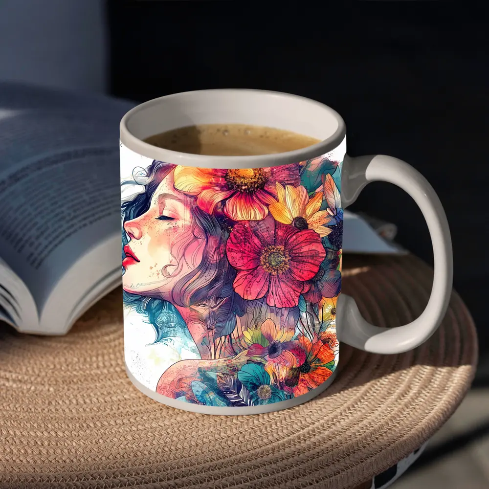 Woman Portrait Floral Crown Watercolor Art – Mugs