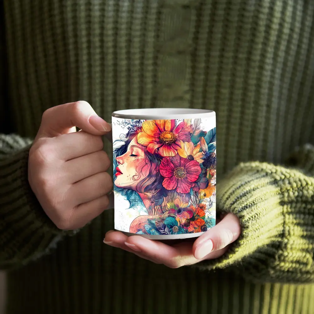 Woman Portrait Floral Crown Watercolor Art – Mugs