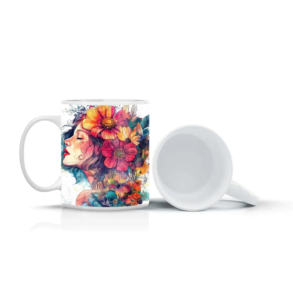 Woman Portrait Floral Crown Watercolor Art – Mugs
