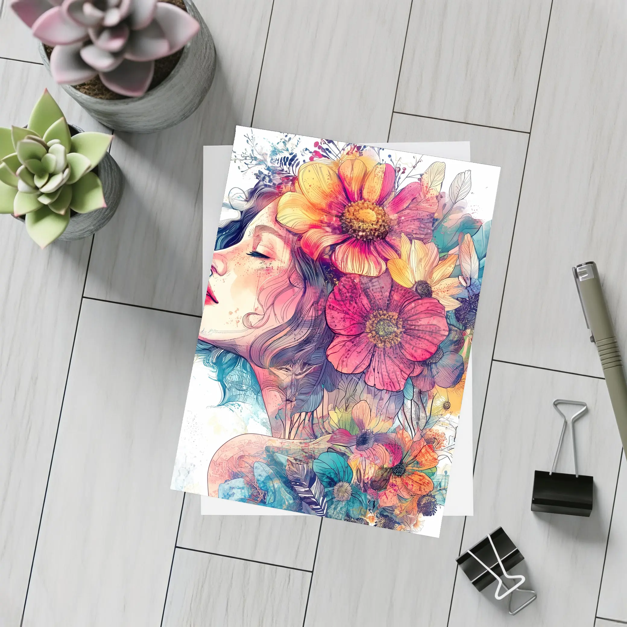 Woman Portrait Floral Crown Watercolor Art – Postcards