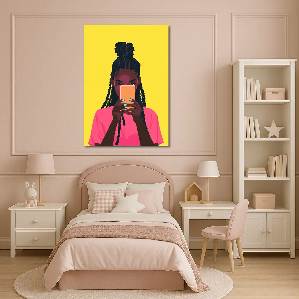 Black Girl Scrolling Phone Yellow Background Illustration – Wall Art