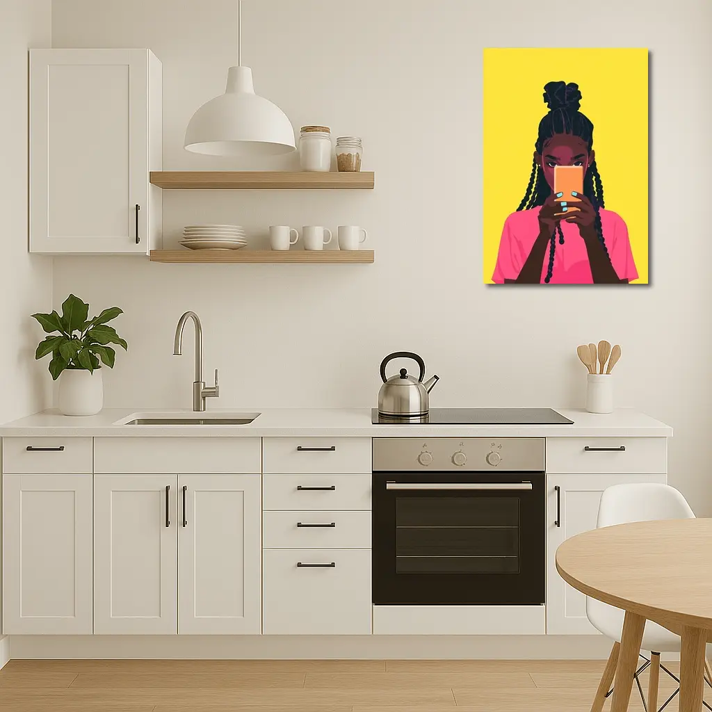 Black Girl Scrolling Phone Yellow Background Illustration – Wall Art