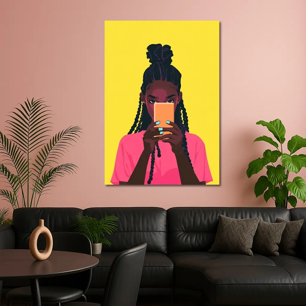 Black Girl Scrolling Phone Yellow Background Illustration – Wall Art