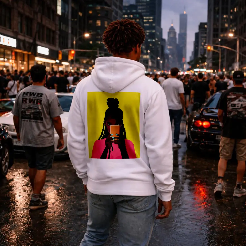 Black Girl Scrolling Phone Yellow Background Illustration – Hoodies