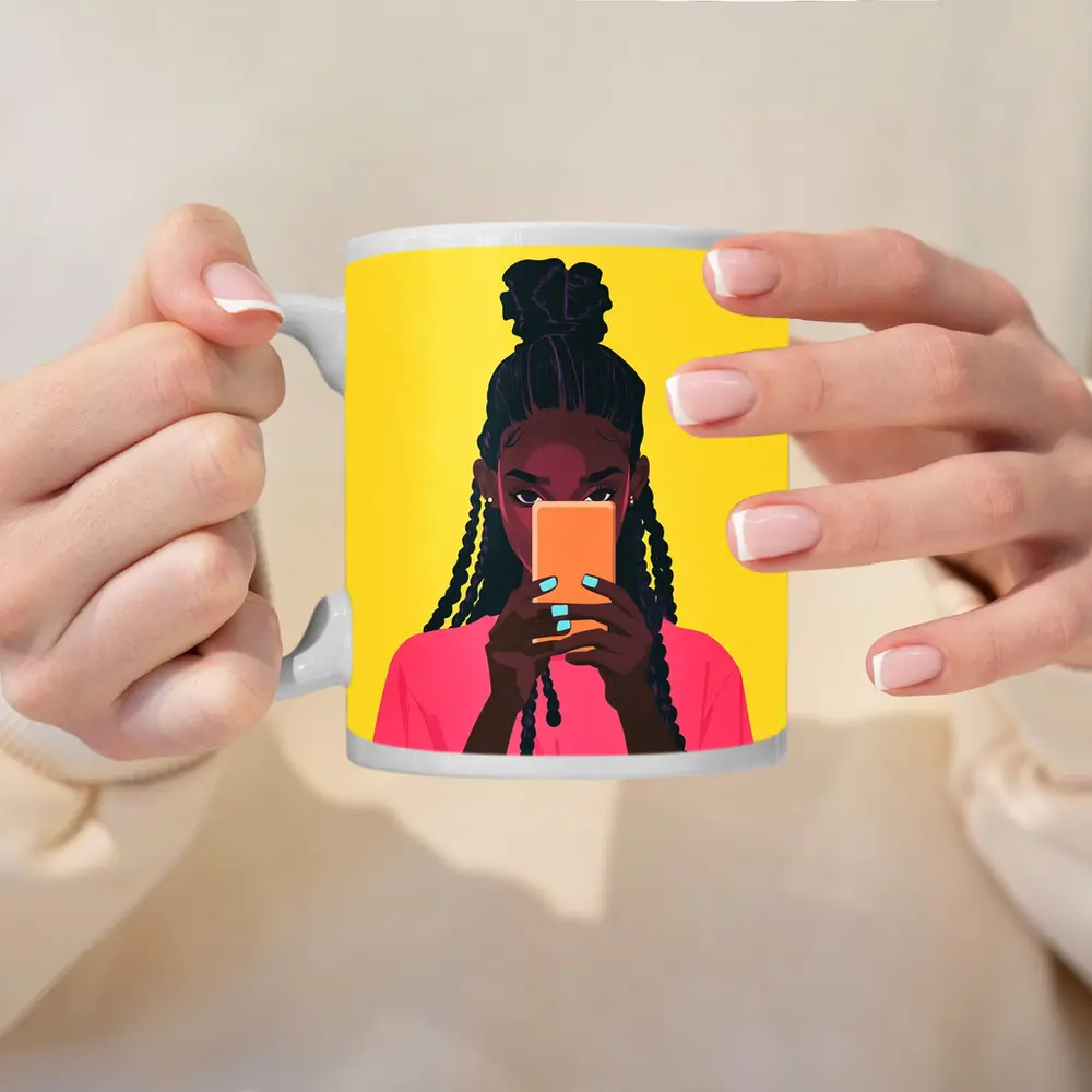 Black Girl Scrolling Phone Yellow Background Illustration – Mugs