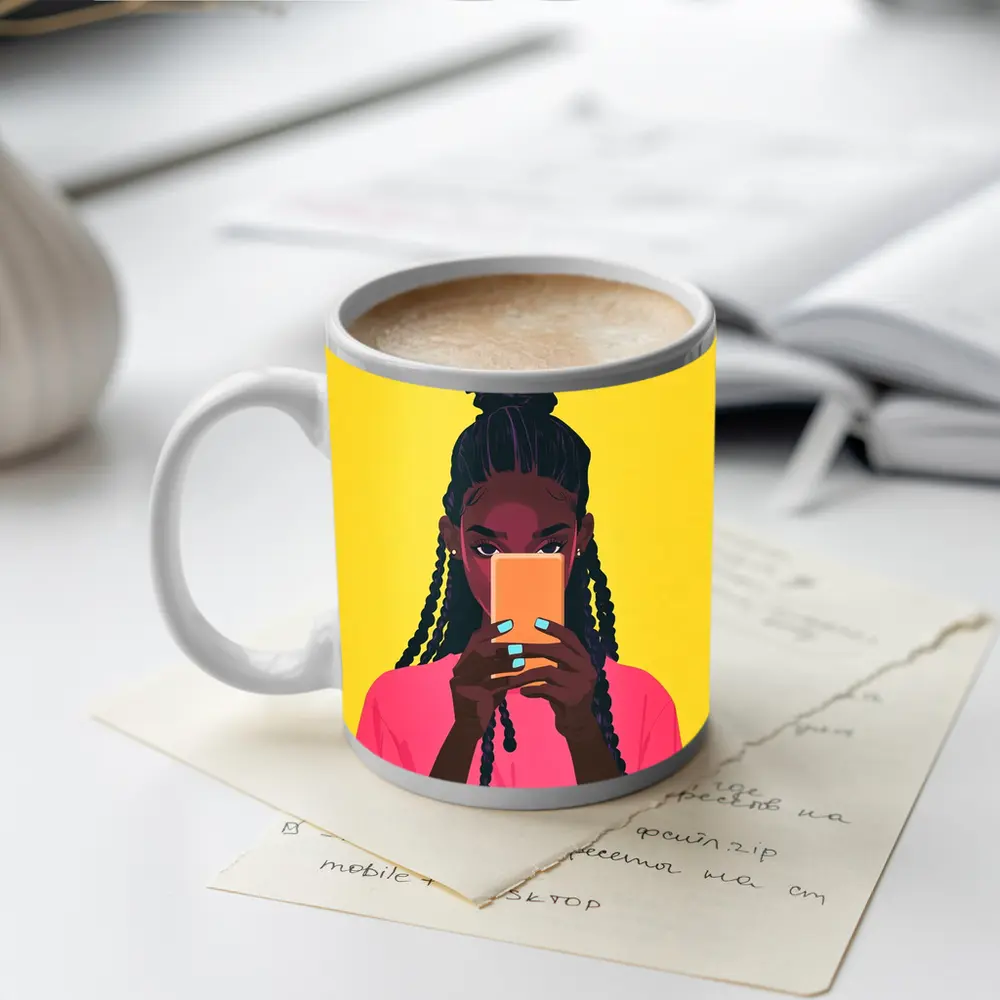 Black Girl Scrolling Phone Yellow Background Illustration – Mugs