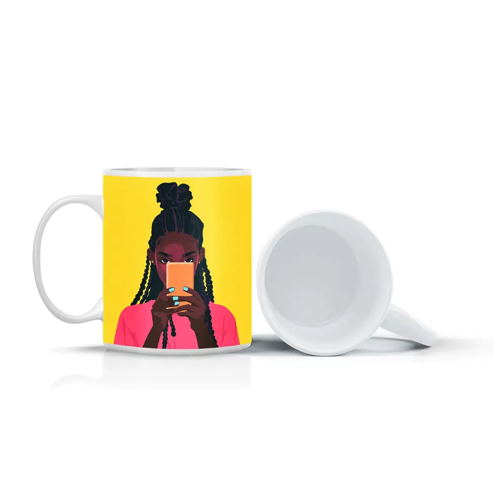 Black Girl Scrolling Phone Yellow Background Illustration – Mugs