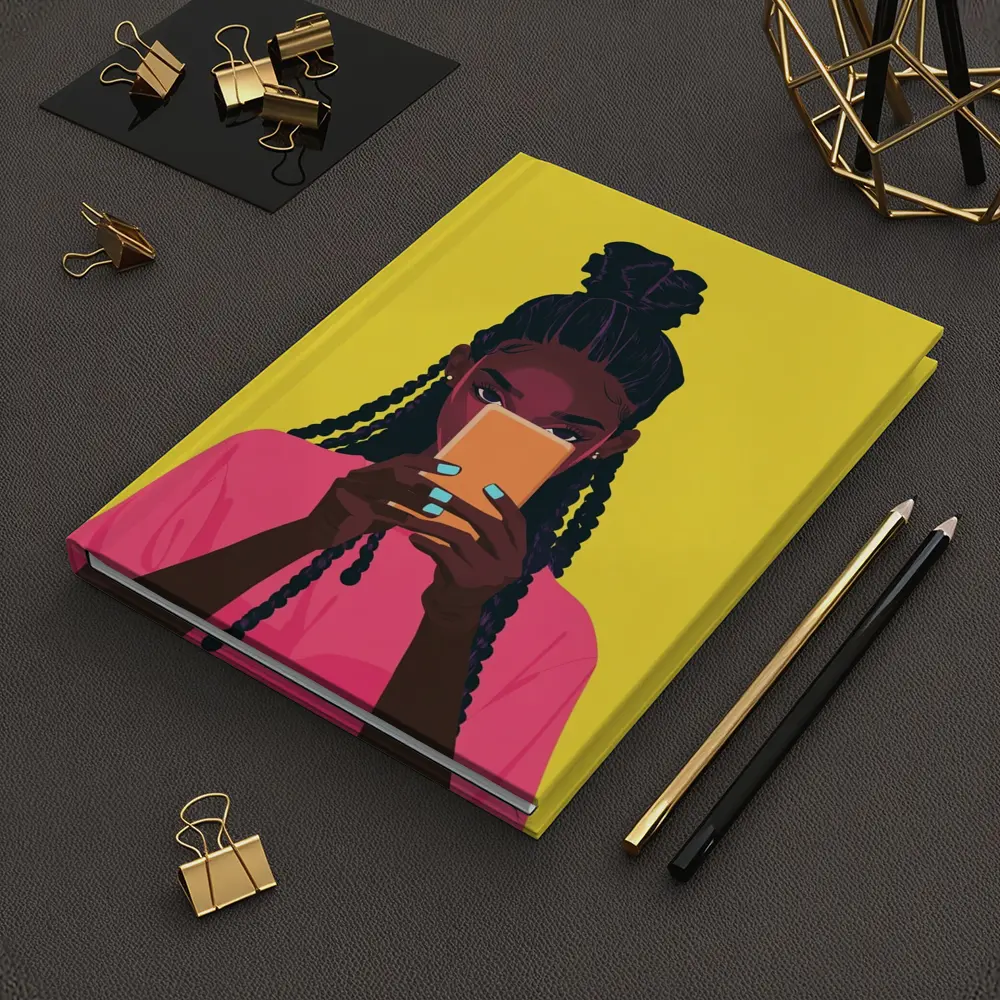 Black Girl Scrolling Phone Yellow Background Illustration – Notebooks