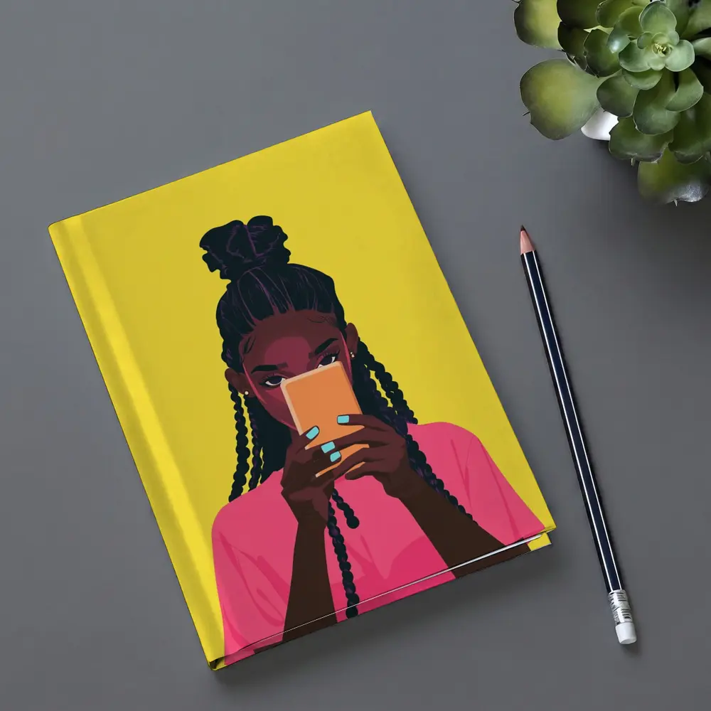 Black Girl Scrolling Phone Yellow Background Illustration – Notebooks