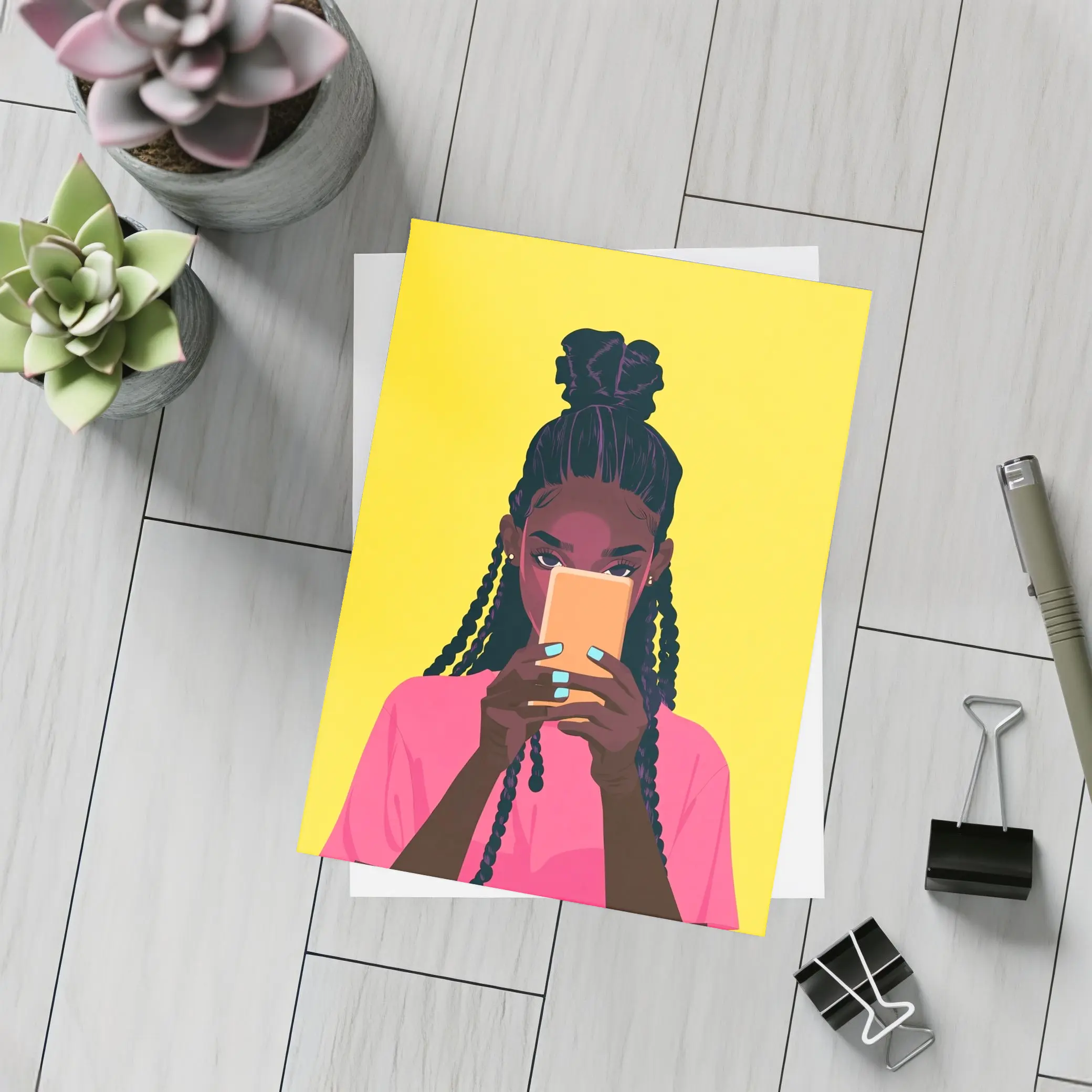 Black Girl Scrolling Phone Yellow Background Illustration – Postcards