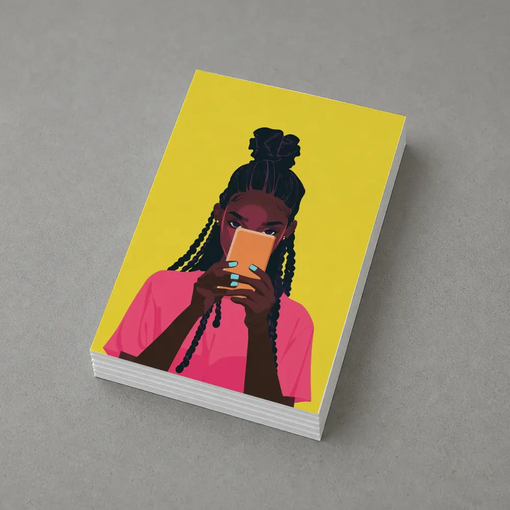 Black Girl Scrolling Phone Yellow Background Illustration – Postcards