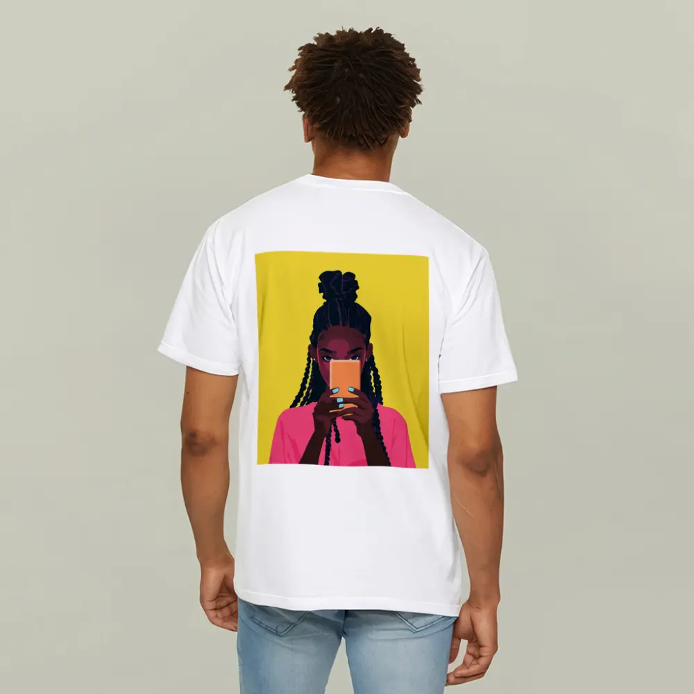 Black Girl Scrolling Phone Yellow Background Illustration – T-Shirts