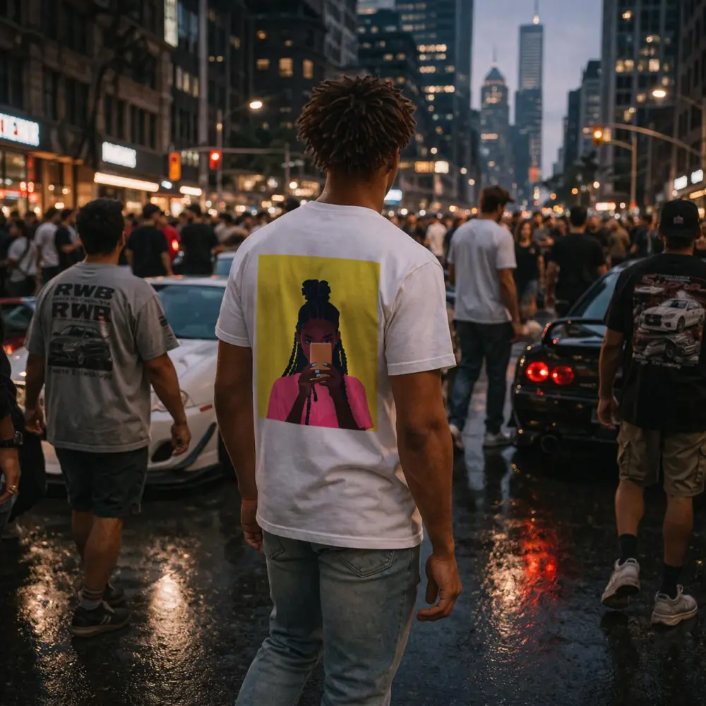 Black Girl Scrolling Phone Yellow Background Illustration – T-Shirts
