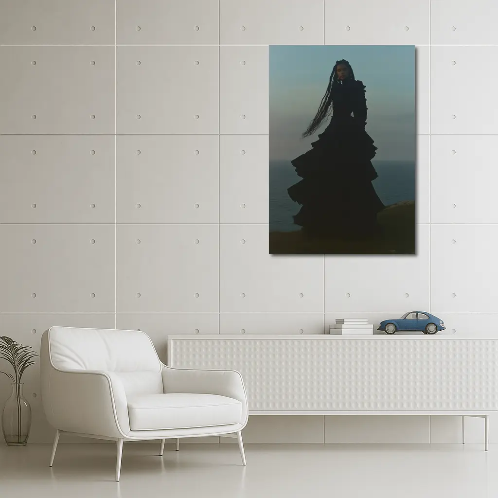 Dark Gothic Woman Black Dress Cliffside Ocean – Wall Art