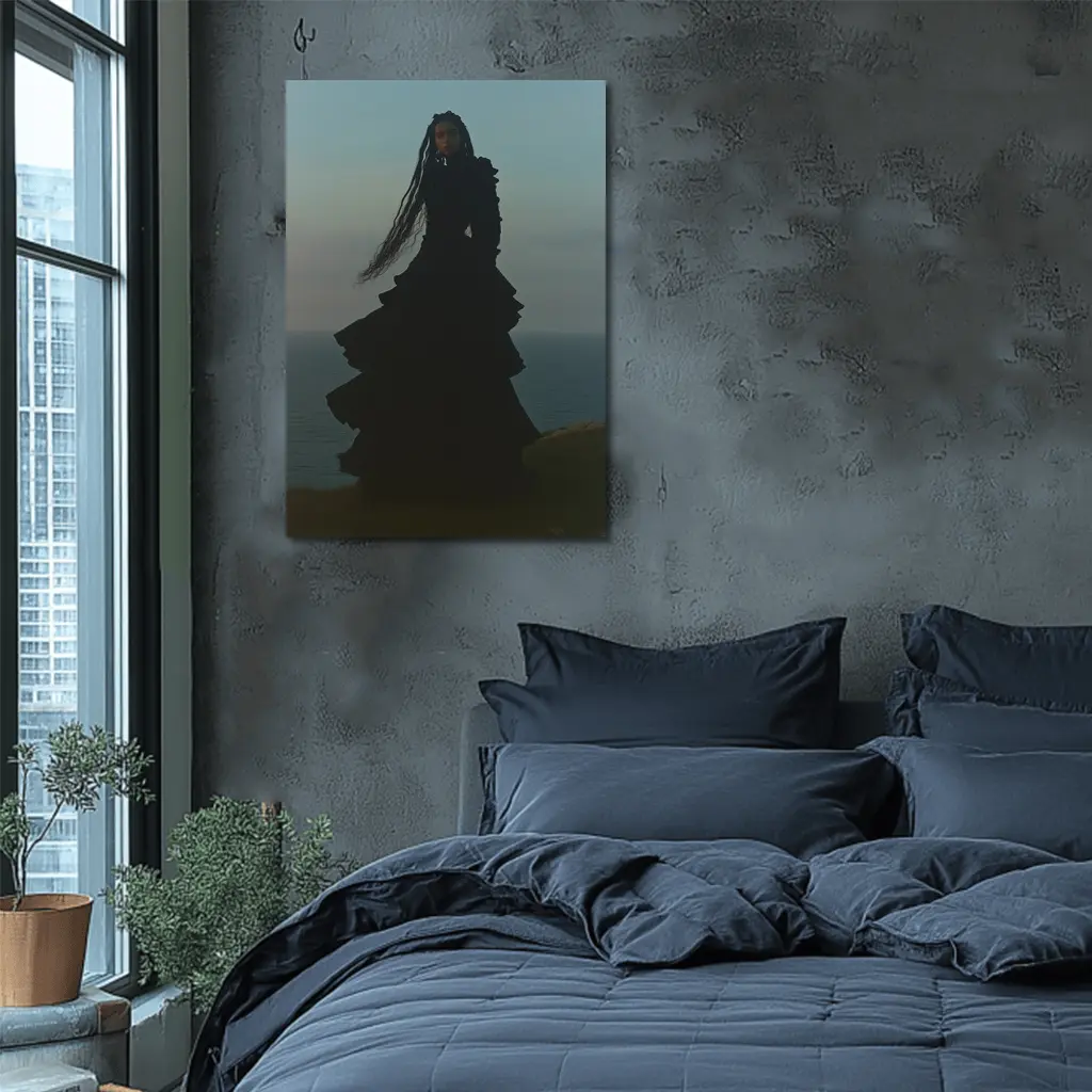 Dark Gothic Woman Black Dress Cliffside Ocean – Wall Art