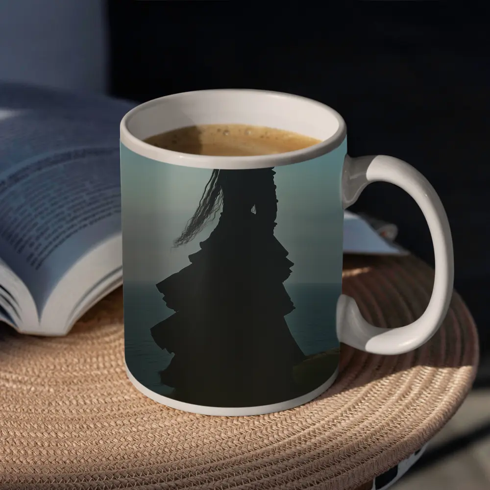 Dark Gothic Woman Black Dress Cliffside Ocean – Mugs