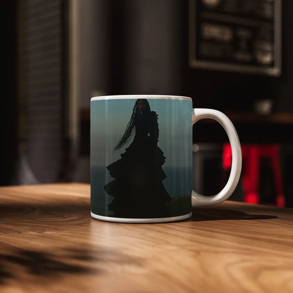 Dark Gothic Woman Black Dress Cliffside Ocean – Mugs
