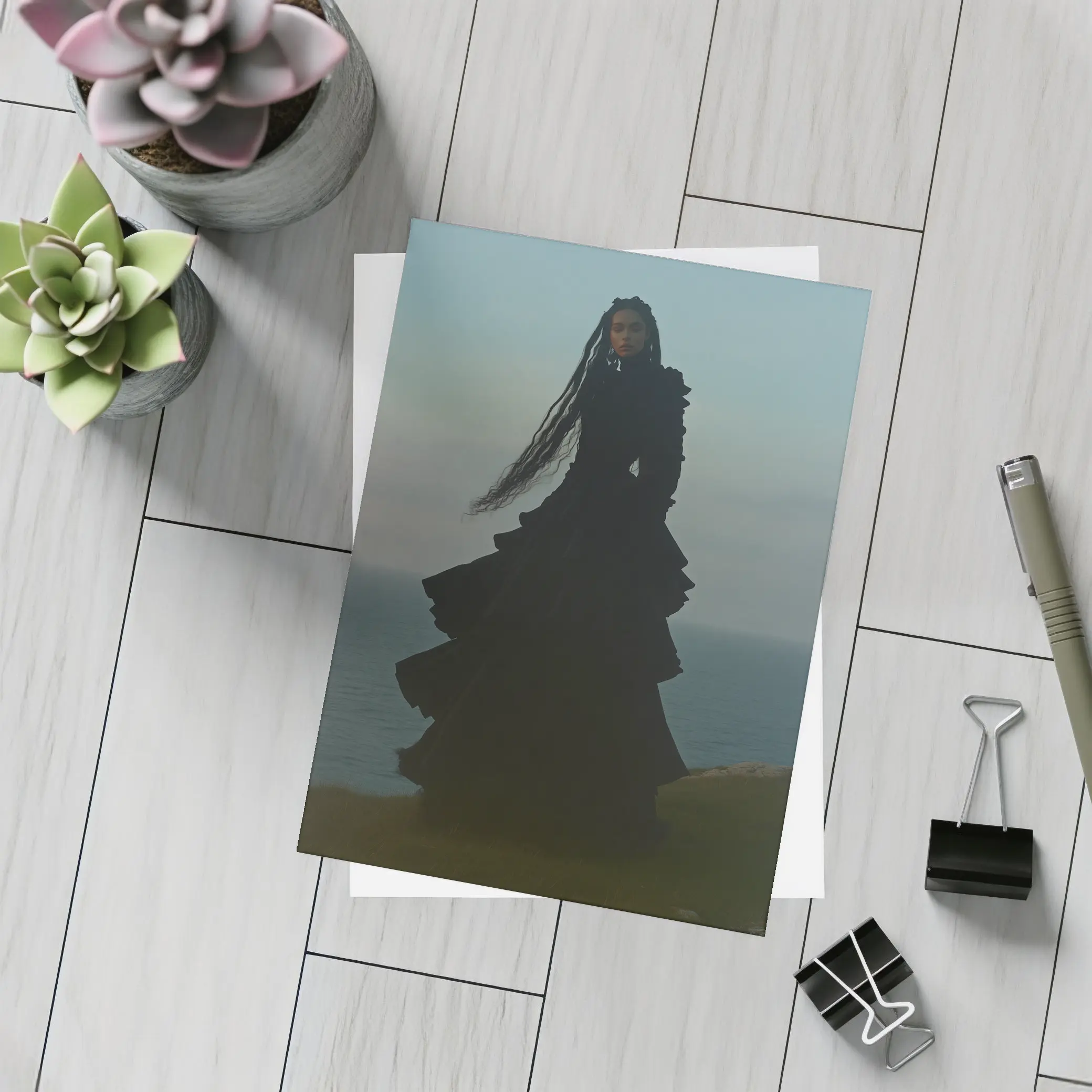 Dark Gothic Woman Black Dress Cliffside Ocean – Postcards
