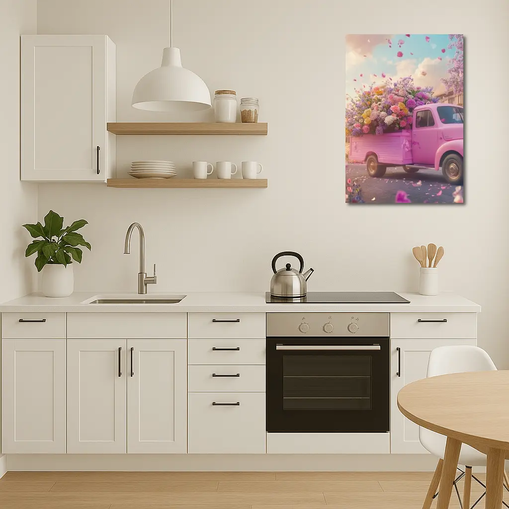 Pink Truck Overflowing With Colorful Spring Flowers – Wall Art