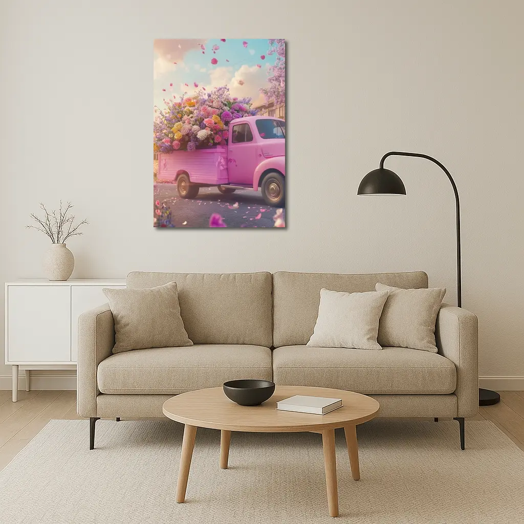Pink Truck Overflowing With Colorful Spring Flowers – Wall Art