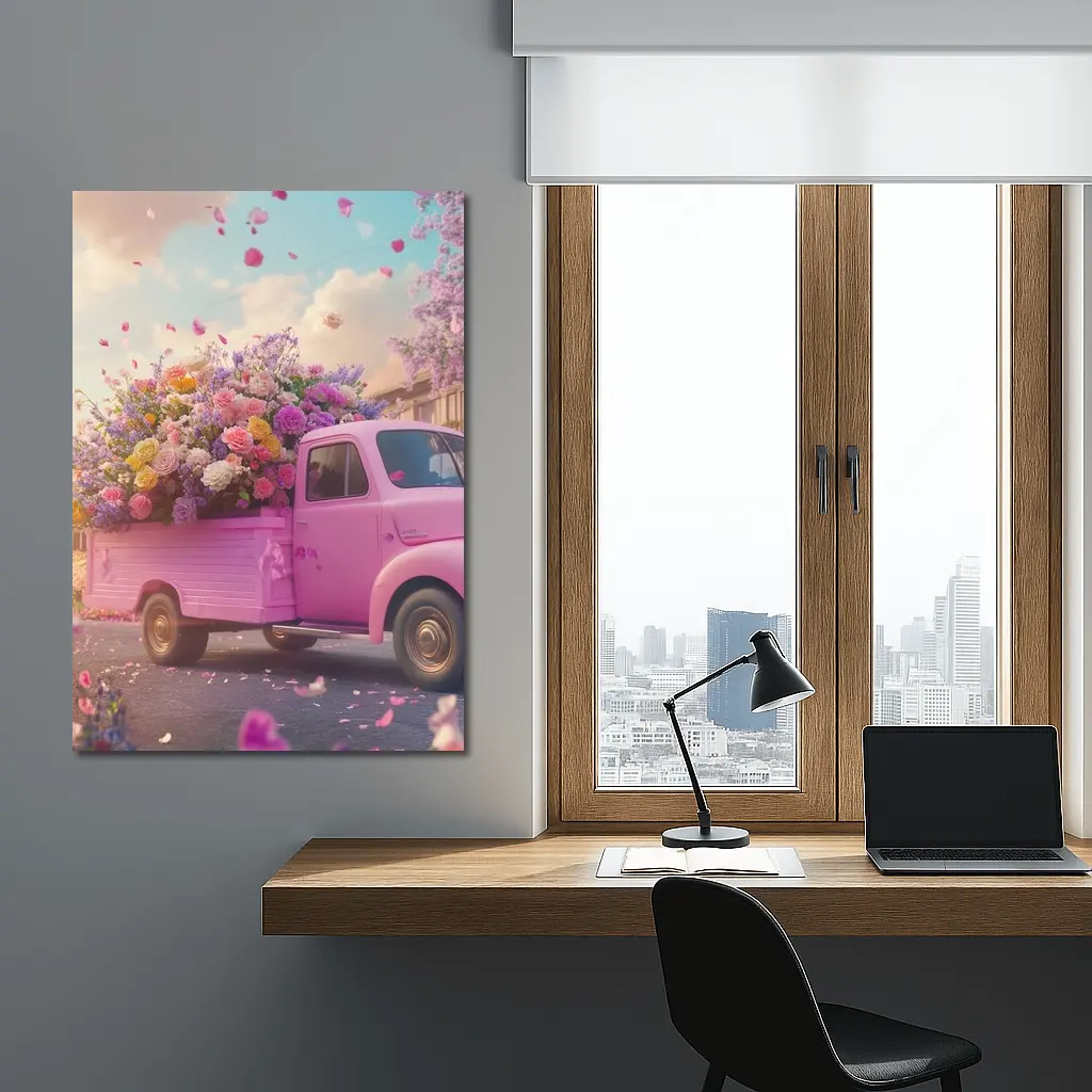Pink Truck Overflowing With Colorful Spring Flowers – Wall Art