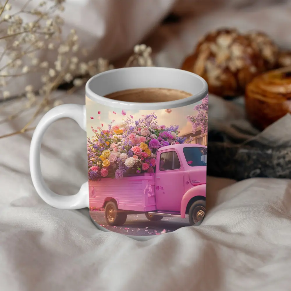 Pink Truck Overflowing With Colorful Spring Flowers – Mugs