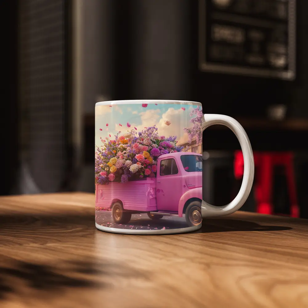 Pink Truck Overflowing With Colorful Spring Flowers – Mugs